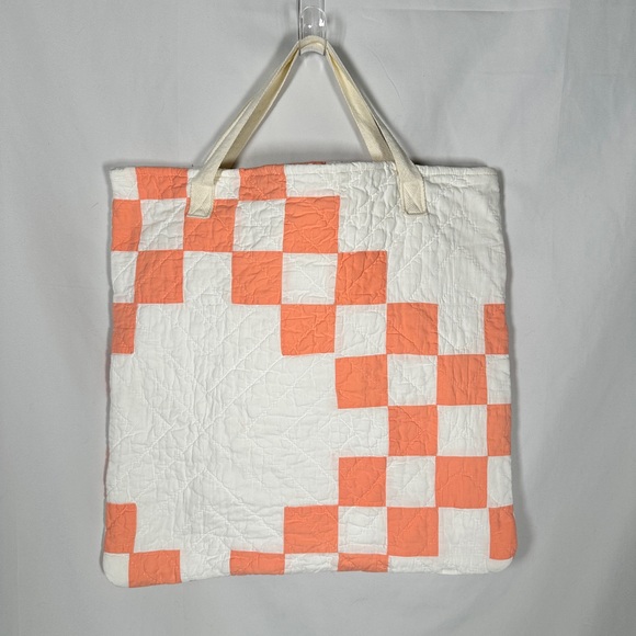 Handmade Quilted Cotton Tote Checker Patchwork Peach Coral Large Grannycore - Picture 3 of 8